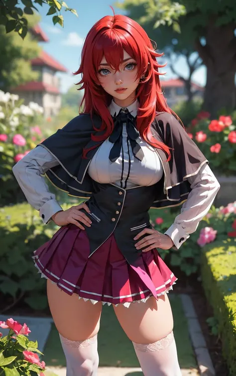 ((masterpiece, best quality)), insaneres, absurdres, solo, looking at viewer, 
ANIME_DxD_Rias_Gremory_ownwaifu, 
1girl, bangs, long hair, red hair, breasts, large breasts, rias gremory, blue eyes, hair between eyes, very long hair, collarbone, hair intakes,  hair over breasts, 
black capelet, black corset, collared shirt, kuoh academy school uniform, layered skirt, underbust, school uniform, skirt, shirt, long sleeves, purple skirt, ribbon, miniskirt, neck ribbon, thighhighs, black ribbon, 
(contrapposto, hand on hip)<lora:ANIME_DxD_Rias_Gremory_ownwaifu:1>,
 depth of field, vanishing point, garden, sidelighting,