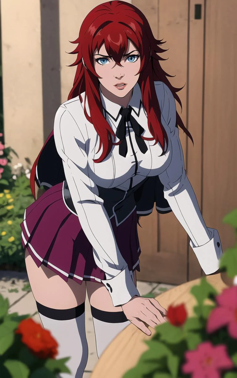 ((masterpiece, best quality)), insaneres, absurdres, solo, looking at viewer,
ANIME_DxD_Rias_Gremory_ownwaifu,
1girl, bangs, long hair, red hair, breasts, large breasts, rias gremory, blue eyes, hair between eyes, very long hair, collarbone, hair intakes, hair over breasts,
black capelet, black corset, collared shirt, kuoh academy school uniform, layered skirt, underbust, school uniform, skirt, shirt, long sleeves, purple skirt, ribbon, miniskirt, neck ribbon, thighhighs, black ribbon,
(portrait, close-up)<lora:ANIME_DxD_Rias_Gremory_ownwaifu:0.8>,
depth of field, vanishing point, garden, sidelighting,