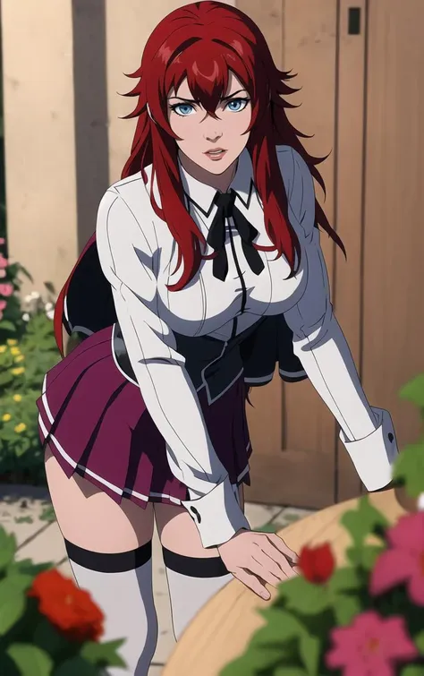 ((masterpiece, best quality)), insaneres, absurdres, solo, looking at viewer, 
ANIME_DxD_Rias_Gremory_ownwaifu, 
1girl, bangs, long hair, red hair, breasts, large breasts, rias gremory, blue eyes, hair between eyes, very long hair, collarbone, hair intakes,  hair over breasts, 
black capelet, black corset, collared shirt, kuoh academy school uniform, layered skirt, underbust, school uniform, skirt, shirt, long sleeves, purple skirt, ribbon, miniskirt, neck ribbon, thighhighs, black ribbon, 
(portrait, close-up)<lora:ANIME_DxD_Rias_Gremory_ownwaifu:0.8>,
 depth of field, vanishing point, garden, sidelighting,