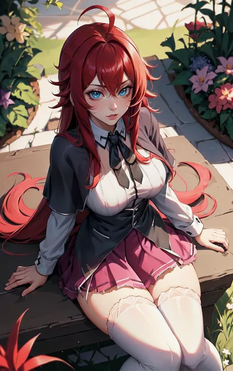 ((masterpiece, best quality)), insaneres, absurdres, solo, looking at viewer,
ANIME_DxD_Rias_Gremory_ownwaifu,
1girl, bangs, long hair, red hair, breasts, large breasts, rias gremory, blue eyes, hair between eyes, very long hair, collarbone, hair intakes, hair over breasts,
black capelet, black corset, collared shirt, kuoh academy school uniform, layered skirt, underbust, school uniform, skirt, shirt, long sleeves, purple skirt, ribbon, miniskirt, neck ribbon, thighhighs, black ribbon,
(from above, sitting)<lora:ANIME_DxD_Rias_Gremory_ownwaifu:0.9>,
depth of field, vanishing point, garden, sidelighting,