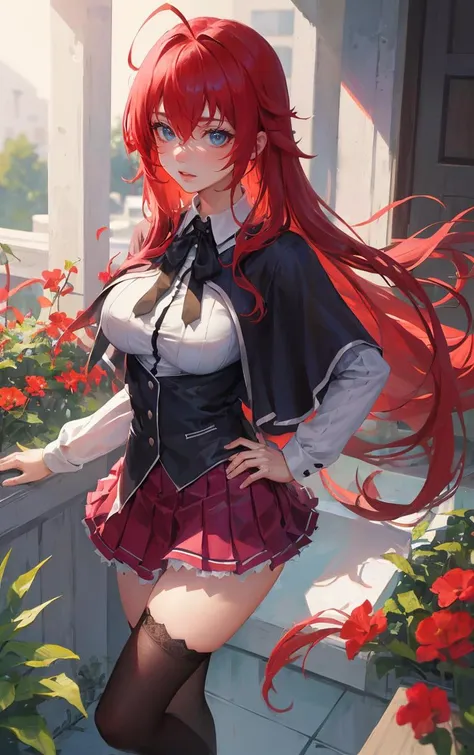 ((masterpiece, best quality)), insaneres, absurdres, solo, looking at viewer, 
ANIME_DxD_Rias_Gremory_ownwaifu, 
1girl, bangs, long hair, red hair, breasts, large breasts, rias gremory, blue eyes, hair between eyes, very long hair, collarbone, hair intakes,  hair over breasts, 
black capelet, black corset, collared shirt, kuoh academy school uniform, layered skirt, underbust, school uniform, skirt, shirt, long sleeves, purple skirt, ribbon, miniskirt, neck ribbon, thighhighs, black ribbon, 
(portrait, close-up)<lora:ANIME_DxD_Rias_Gremory_ownwaifu:0.8>,
 depth of field, vanishing point, garden, sidelighting,