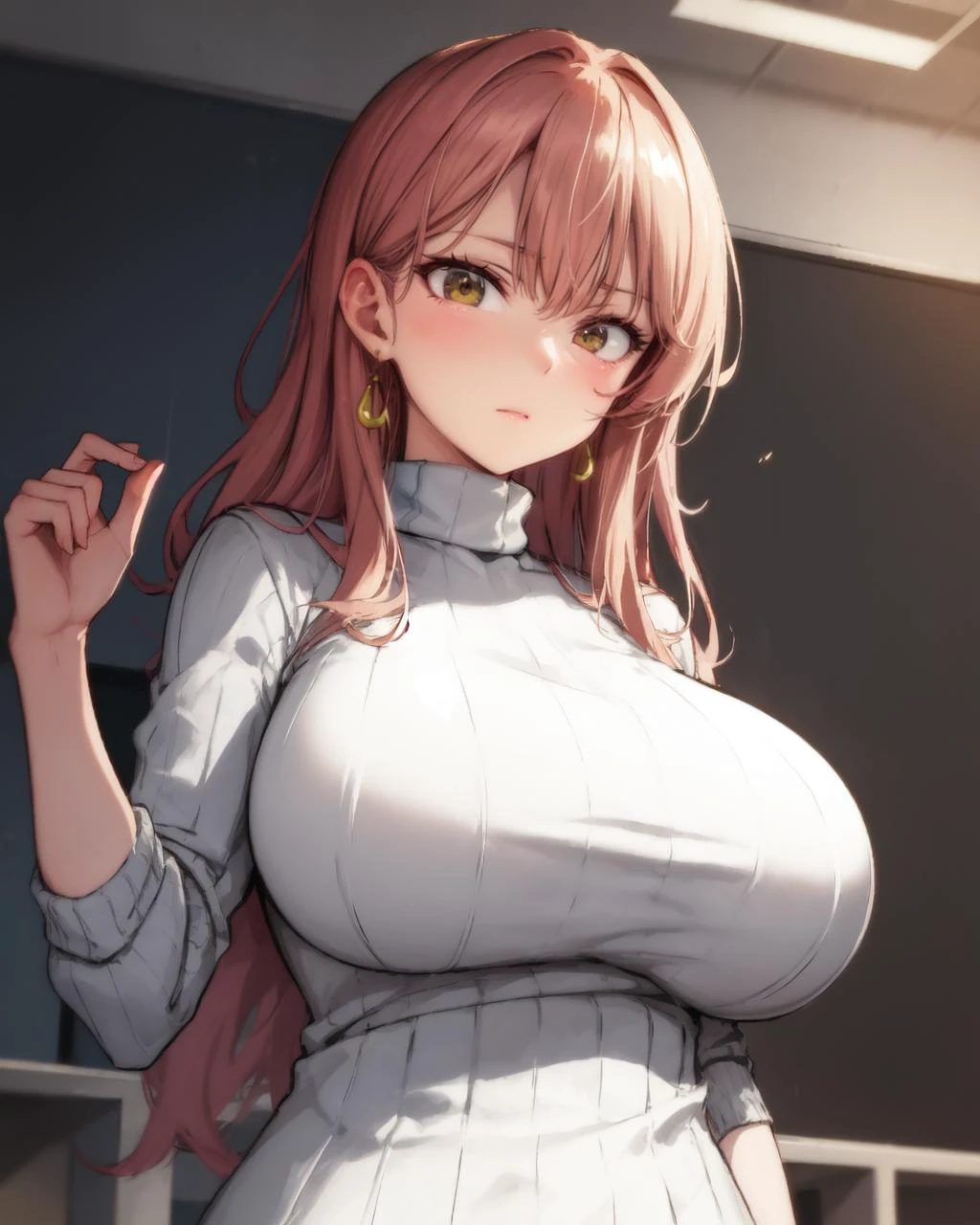 masterpiece, best quality, absurdres, 1girl, closed mouth, <lora:saitou_miyako_v1:0.7> aamiyako, long hair, jewelry, earrings, huge breasts, BREAK sweater dress, virgin killer sweater, clothing cutout, turtleneck, ,
(looking at viewer), (looking down:1.2), <lora:looking_down:1.4>, (tsurime) <lora:Tsurime:0.75>,, (nice hands, perfect hands), <lora:GoodHands-vanilla:1>, <lora:school_gym_v0.1:0.7> school gym,
,
BREAK , (perfect anatomy), cowbo
y, , Volumetric Lighting