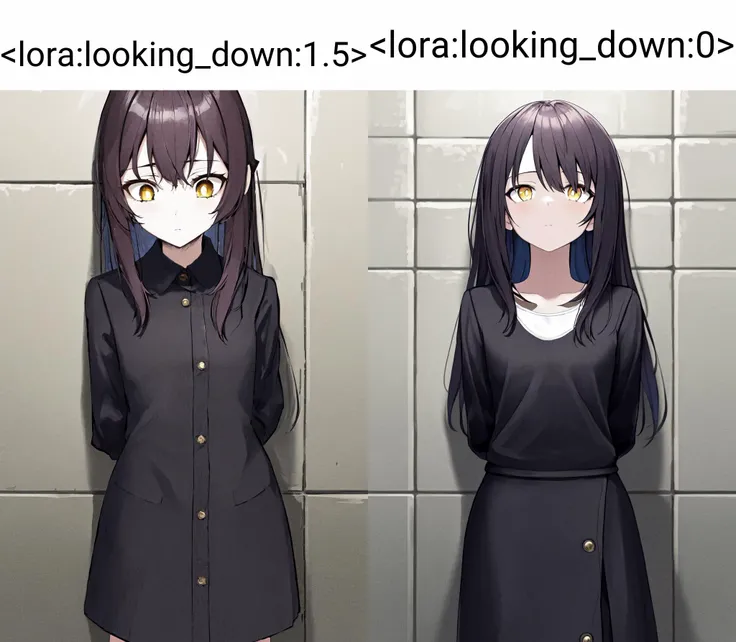 masterpiece, best quality, highres, 1girl, standing, against wall, arms behind back, looking down facing viewer, yellow eyes, slit pupils <lora:looking_down:1.5>