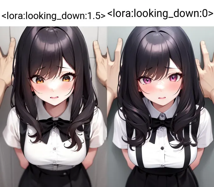 masterpiece, best quality, highres, 1girl and 1boy <lora:looking_down:1.5> looking down looking at viewer <lora:kabedon_pov:1> kabedon pov, arms behind back, from above