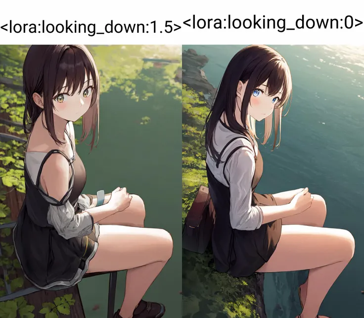 masterpiece, best quality, highres, 1girl, sitting, from side, looking down looking at viewer from above <lora:looking_down:1.5>