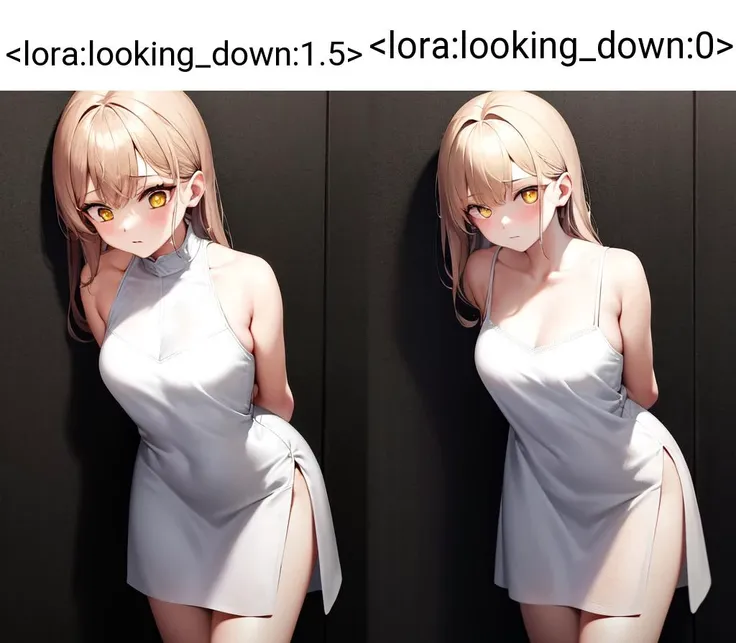 masterpiece, best quality, highres, 1girl, standing, against wall, arms behind back, looking down facing viewer from above, white dress, yellow eyes, slit pupils, close-up <lora:looking_down:1.5>