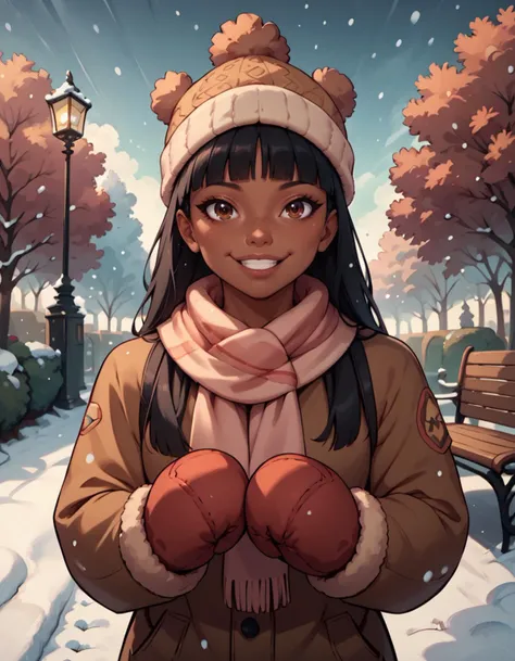 score_9, score_8_up, score_7_up,  <lora:EPrtedChel:0.8> EPrtedChel,, long hair, black hair, straight hair, brown eyes, blunt bangs, dark-skinned female, dark skin,very dark skin, woolly hat, mittens, scarf, puffy jacket, smiling, looking at viewer, outside, snowing, in park,