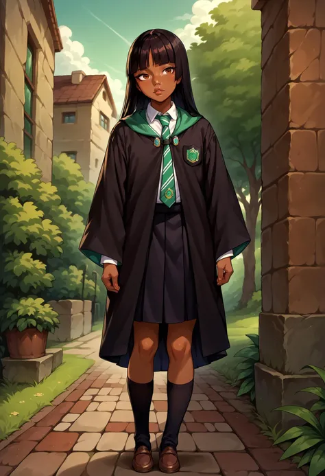 score_9, score_8_up,score_7_up, source_anime, rating_questionable, 1girl,solo, <lora:EPrtedChel-10:1>, EPrtedChel, long hair, black hair, straight hair, brown eyes, blunt bangs, dark-skinned female, dark skin,very dark skin, <lora:EPRobeSlytherinPDXL:1>, EPRobeSlytherin, wearing EPRobeSlytherin, black robe, hood down, wide sleeves, green necktie, diagonal-striped necktie, white shirt, collared shirt, badge, black skirt, black legwear, kneehighs, standing, outdoors,