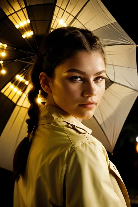 <lora:zendaya-01:1.2> z3nd4y4, 1girl, braid, Trench Coat, Retro, Wildlife Photography, s-curve, Umbrella lighting for a wide and soft illumination (Umbrella Lighting).