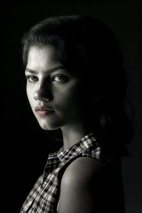 <lora:zendaya-01:1.1> z3nd4y4, 1girl, upper body,, Flannel Button-Down Shirt, Grayscale, Whimsical Photography, digital camera, Spotlight on the subject with a dark background (Spotlight Effect).