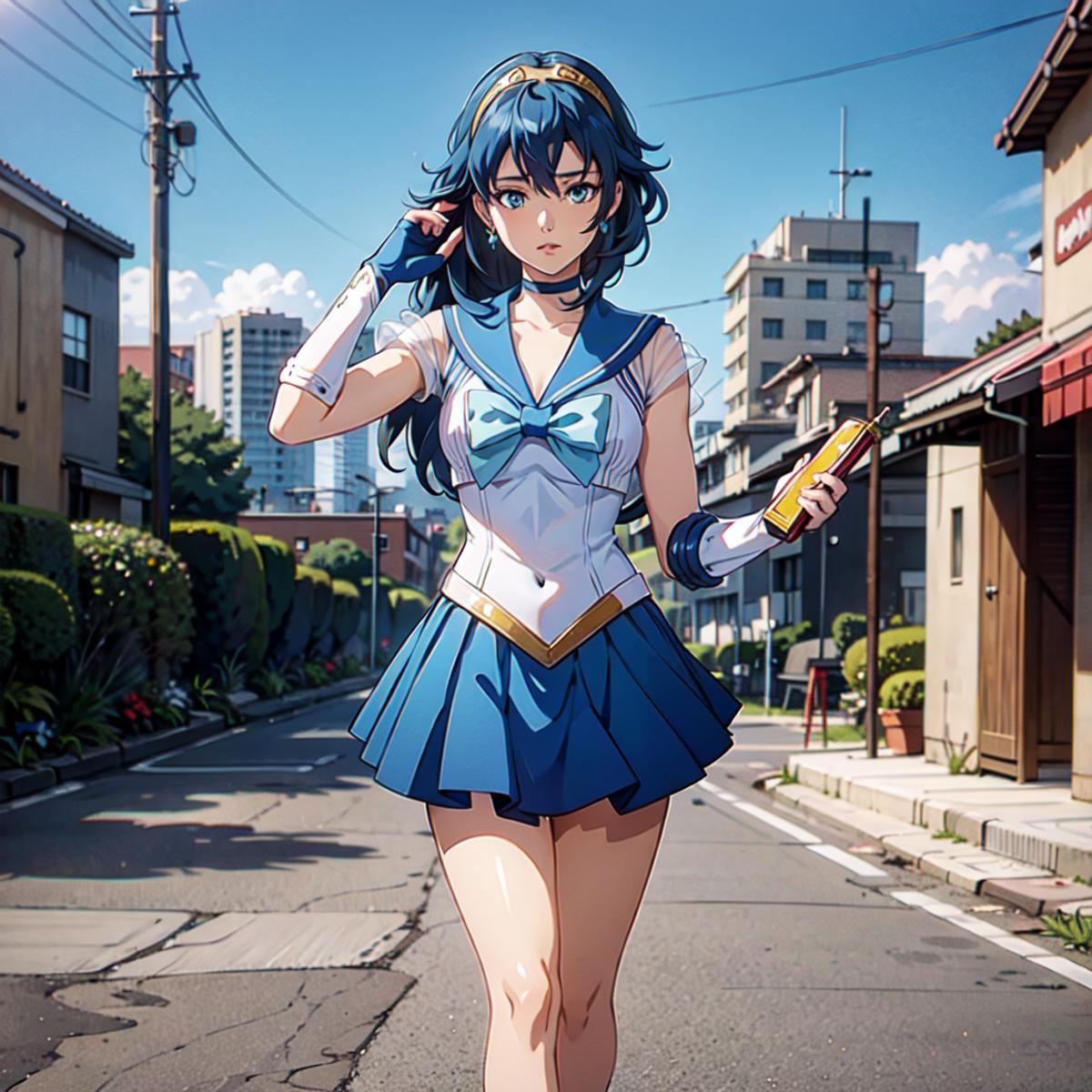 Anime girl in a sailor outfit walking down a street with a gun - SeaArt AI