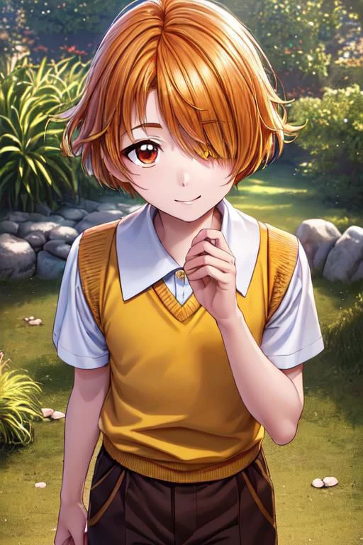 (master piece, best quality, high resolution, ultra detailed, digital art, game CG, extremely detailed CG, 8k, official art, super detailed skin, beautiful detailed face, beautiful detailed eyes, perfect anatomy, perfect hands, perfect fingers:1.3), (1boy, solo, face macro, face focus, close up face, from above), depth of field, (1boy is Tsubasa_Yuunagi), in precure style, intellectual boy, (big bright red eyes, gentle eyes), (dark orange hair, Hairy hair, blunt long bangs, ahoge), (covering one eye:1.4), (curly hair:0.8), (v neck yellow summer sweater:1.3), (white short sleeves shirt, dark brown half pants, misanga:1.3), (stand collared:0.9), (shorts:0.9), shiny face, gentle smile, shiny skin, short stature, compact body, petite limbs, intellectual appearance, (sunset), in the hill, emphasizing Tsubasa_Yuunagi