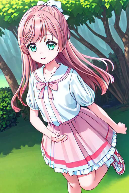 (master piece, best quality, high resolution, ultra detailed, digital art, game CG, extremely detailed CG, 8k, official art, super detailed skin, beautiful detailed face, beautiful detailed eyes, perfect anatomy, perfect hands, perfect fingers:1.3), (1girl, solo, from above), depth of field, (1girl is Mashiro_Nijigaoka), beautiful girl, (bright green eyes, gentle eyes, upward glance, puppy dog face, bright eyelashes), (shiny light pink hair, long hair, blunt_bangs, white bow, small hair bow), (white pleated skirt, white blouse with red ruffles at the neck, short sleeves, red ribbon on chest, pink sneakers, ribbon shoelaces:1.3), shiny face, joy, gentle smile, gleaming skin, make up, blush, lipstick, (summer, sunflower, in the riverside), adorable presence, adorable appearance, emphasizing Mashiro_Nijigaoka