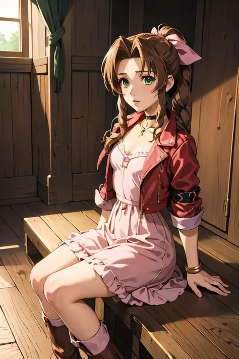 (masterpiece, best quality), 1girl,  <lora:AerithgainsBorough_FinalFantasy_FefaAIart:1> aerith gainsborough, choker, red cropped jacket, hair bow, bracelet,  brown boots,  brown hair, sidelocks, parted bangs, green eyes, braid, pink dress,