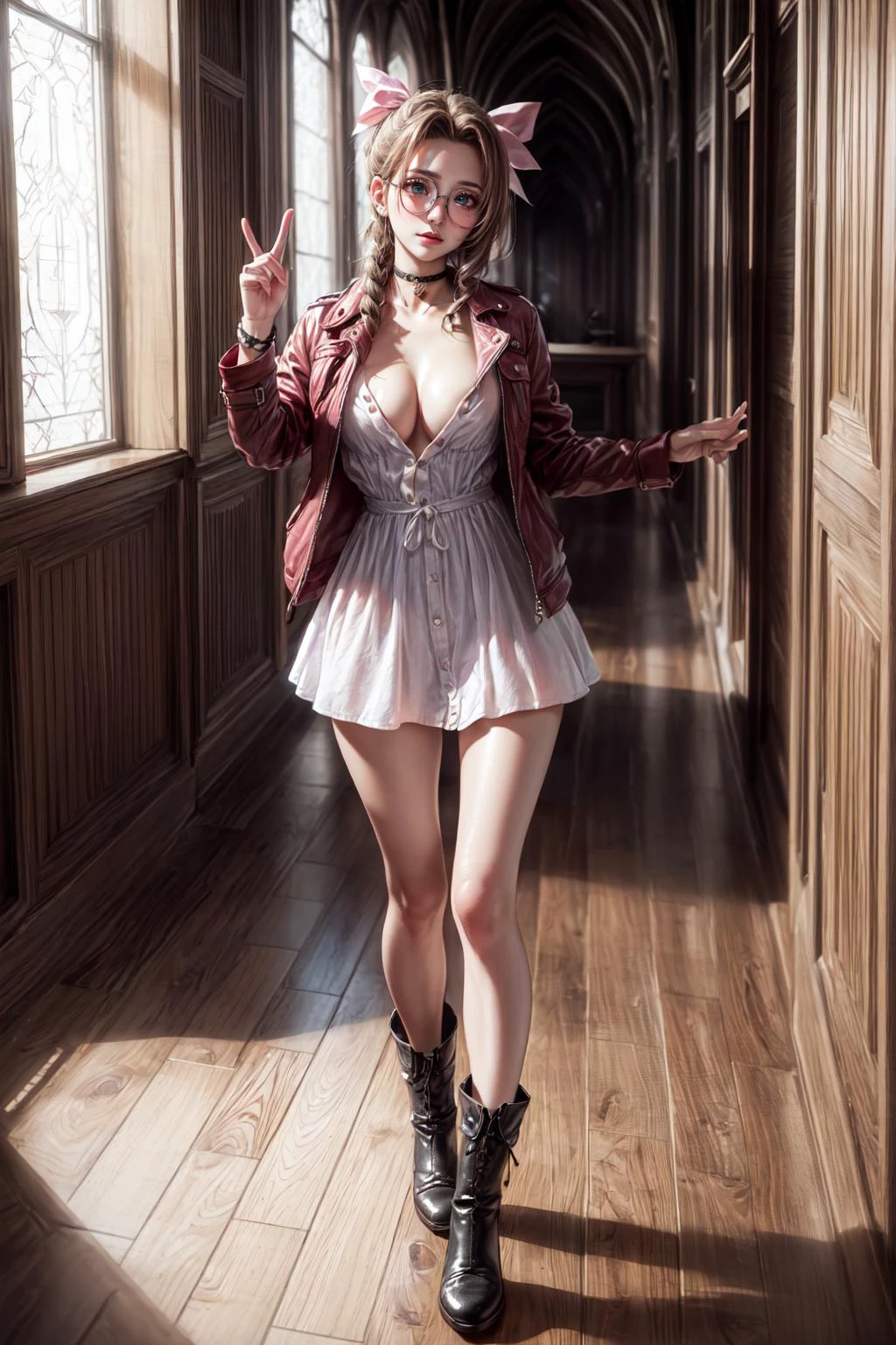 <lora:Aerith Gainsborough Final Fantasy VII ã¨ãã¨ã LoRa v1:0.8>, ((aerith gainsborough, choker, red cropped jacket, hair bow, bracelet, brown boots, sidelocks, parted bangs, braid, pink dress,)):1.2, lady smile,
BREAK((1woman, adorable, cute , clear face), (full body:1.35), ((a woman wearing a sliver clear glasses):1.2)),
BREAK(perfect(anatomy,body,face,hand,leg,foot,finger),(green eyes, (multicolor brown hairs):1.15, very long hairs):1.2, cleavage),
BREAK(soft light, light on face, cinematic lighting,dynamic angle, dynamic posture, detailed shadow, detailed lightning, (wide view, wide-angle lens)),
BREAK(beautiful detailed woman, glossy pink lips, (milky skin, shiny skin):1.25, makeup, blush,eyeliner, eyeshadow, eyelashes, textured skin, collarbone, perfect skin)
BREAK(<lora:more_details:0.7>, extremely detailed, CG, 8k Amazing, finely detail, (masterpiece:2.0, best quality), (intricate details, depth of field)),
BREAK((<lora:uber_saggy2:0.67>, saggy, sagging_breasts, (medium breasts))),
detailed abandoned church, in white church, flowers growing on the broken floor, detailed interior,