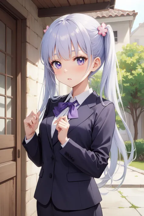 (Masterpiece:1.4), (best quality:1.2), <lora:suzukaze_aoba-000015:1>, suzukaze aoba, 1girl, hair ornament, suit, twintails, bow, purple hair, purple bow