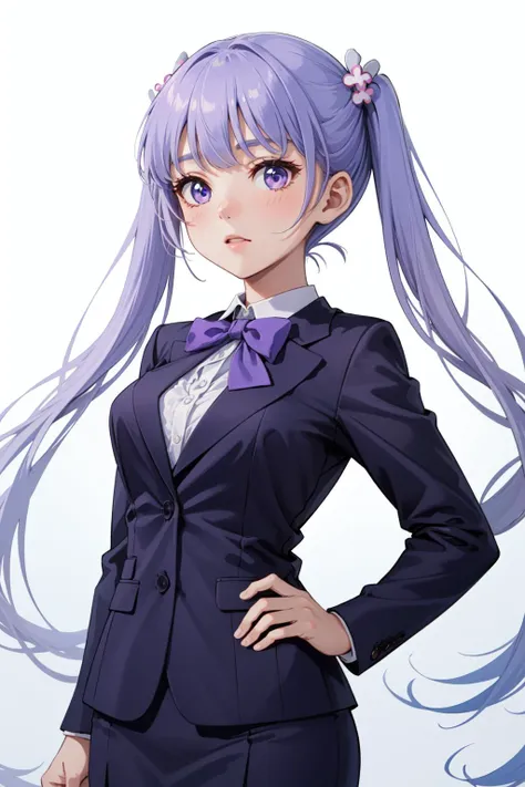 (Masterpiece:1.4), (best quality:1.2), <lora:suzukaze_aoba-000015:1>, suzukaze aoba, 1girl, hair ornament, suit, skirt suit, twintails, purple hair, purple bow