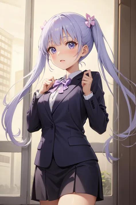 (Masterpiece:1.4), (best quality:1.2), <lora:suzukaze_aoba-000015:1>, suzukaze aoba, 1girl, hair ornament, suit, twintails, bow, purple hair, purple bow