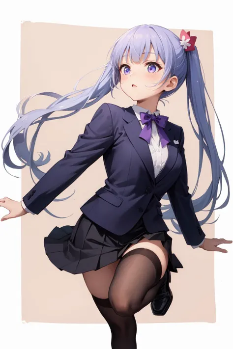 (Masterpiece:1.4), (best quality:1.2), <lora:suzukaze_aoba-000015:1>, suzukaze aoba, 1girl, hair ornament, suit, skirt suit, twintails, purple hair, purple bow