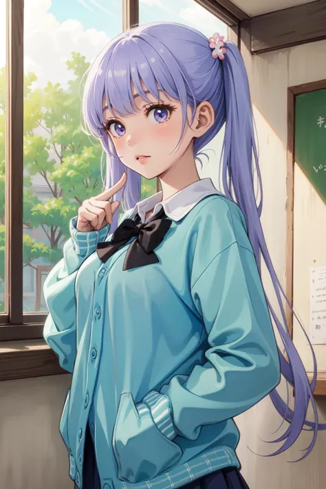 (Masterpiece:1.4), (best quality:1.2), <lora:suzukaze_aoba-000015:1>, suzukaze aoba, 1girl, hair ornament, school uniform, cardigan, twintails, purple hair, black bowtie