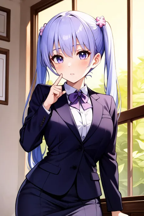 (Masterpiece:1.4), (best quality:1.2), <lora:suzukaze_aoba-000015:1>, suzukaze aoba, 1girl, hair ornament, suit, skirt suit, twintails, purple hair, purple bow