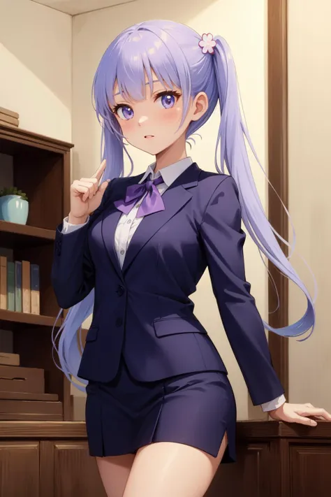 (Masterpiece:1.4), (best quality:1.2), <lora:suzukaze_aoba-000015:1>, suzukaze aoba, 1girl, hair ornament, suit, skirt suit, twintails, purple hair, purple bow