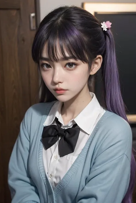 suzukaze aoba, 1girl, hair ornament, school uniform, cardigan, twintails, purple hair, black bowtie,
<lora:suzukaze_aoba:1>
<lora:Color Separation_B_1.1:0.4>
masterpiece,best quality, beautiful and aesthetic,
Bold Lighting, Intense Shadow, High Tension,
cute,compelling glances,