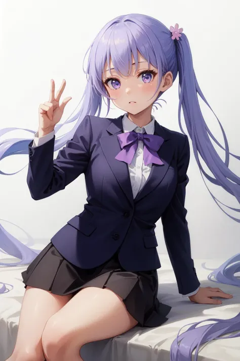 (Masterpiece:1.4), (best quality:1.2), <lora:suzukaze_aoba-000015:1>, suzukaze aoba, 1girl, hair ornament, suit, skirt suit, twintails, purple hair, purple bow