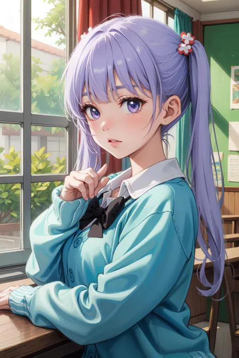 (Masterpiece:1.4), (best quality:1.2), <lora:suzukaze_aoba-000015:1>, suzukaze aoba, 1girl, hair ornament, school uniform, cardigan, twintails, purple hair, black bowtie