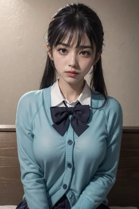 suzukaze aoba, hair ornament, school uniform, cardigan, twintails, purple hair, black bowtie, sitting,
<lora:suzukaze_aoba:0.85>
desire,compelling glances,
hyperrealism, original creation, high fidelity 8k backdrop, intricately etched, visually stunning, aesthetic marvel, flawless excellence, intense obscurity, muted tones