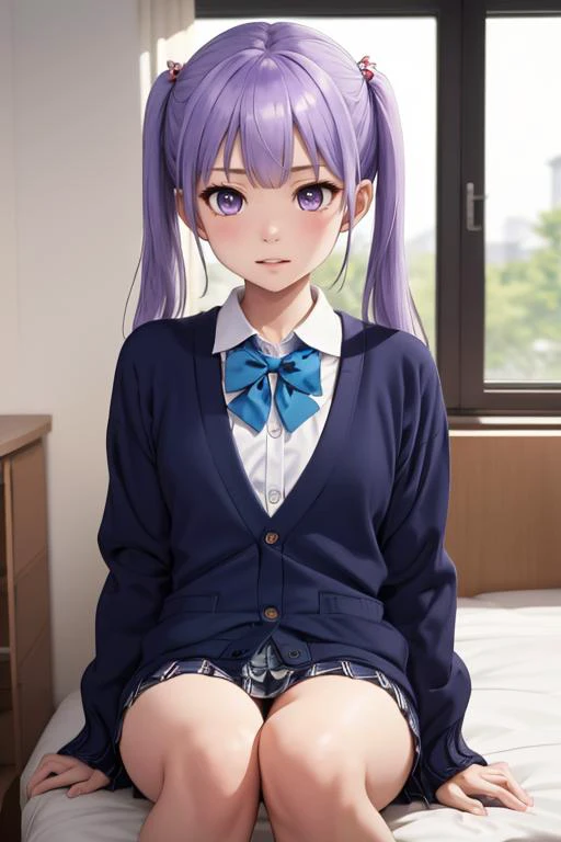 (8k, RAW photo, best quality, masterpiece:1.2), <lora:suzukaze_aoba:0.8>, suzukaze aoba, 1girl, hair ornament, school uniform, cardigan, twintails, purple hair, black bowtie, petite, small breasts