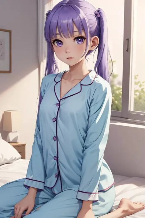 (8k, RAW photo, best quality, masterpiece:1.2), <lora:suzukaze_aoba:0.8>, suzukaze aoba, 1girl, hair ornament, twintails, purple hair, petite, small breasts, pajamas, in room