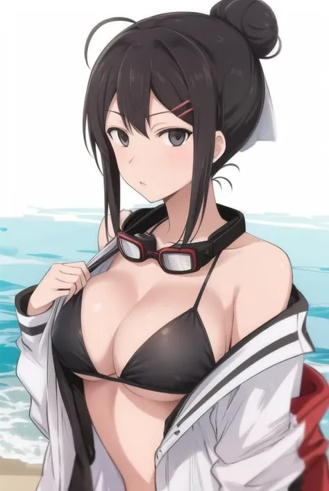 <lora:terasu_mc:0.8>, terasu mc, masterpiece, best quality, 1girl, solo, breasts, swimsuit, goggles around neck, upper body, black hair, looking at viewer, bikini, white bikini, whistle, short hair, cleavage, ahoge, off shoulder, jacket, official alternate costume, bare shoulders, open clothes, white jacket, open jacket, goggles, medium breasts, water, collarbone, bangs, hairclip, hair ornament, grey eyes, hair bun, hair between eyes