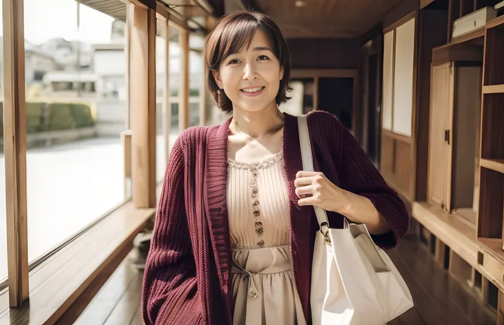 ((unparalleled masterpiece, best quality)), <lora:jukujo:0.95>, mombod , average mature older Japanese woman, , , 50-year-old Japanese woman, cute look, smile, <lora:add_detail:0.3> , holding a purse strap,