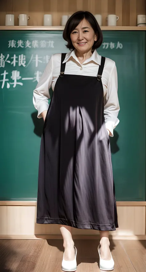 ((unparalleled masterpiece, best quality)), <lora:jukujo:1>, mombod , average mature older Japanese woman, , , 60-year-old Japanese woman, teacher, in a Japanese classroom, in front of a chalkboard, old woman,<lora:add_detail:0.7>, skirt, grandmother, white button up blouse, huge boobs, smile, high heels, beautiful old woman