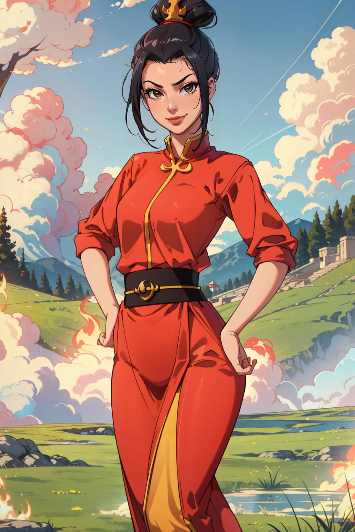 (masterpiece, best quality), intricate details,
1girl, <lora:azula-10:0.8> azula, single hair bun, hair bun, fire,
outdoors, grass, hands on hips, smug,