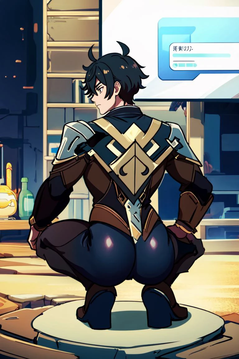Highly detailed, High Quality, masterpiece, 1boy, from behind, BrolyCuloMeme, solo, squatting, ass, muscular, zhongli (genshin impact), <lora:BrolyCuloMeme:0.7> <lora:zhongli:0.7>