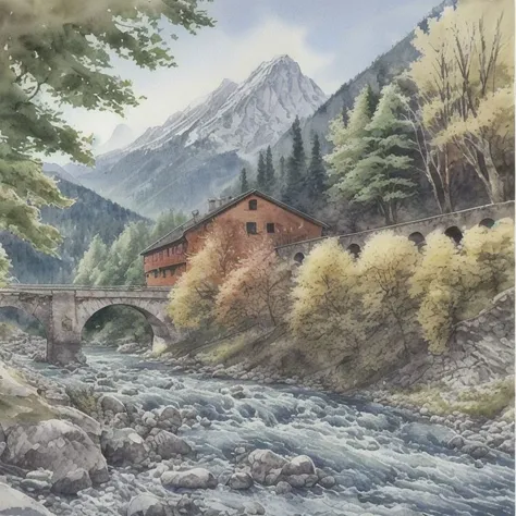 scenery, tree, no humans, traditional media, outdoors, building, mountain, painting, river, nature, bridge, watercolor, <lora:RemarkableAustrianWatercolor:0.8>