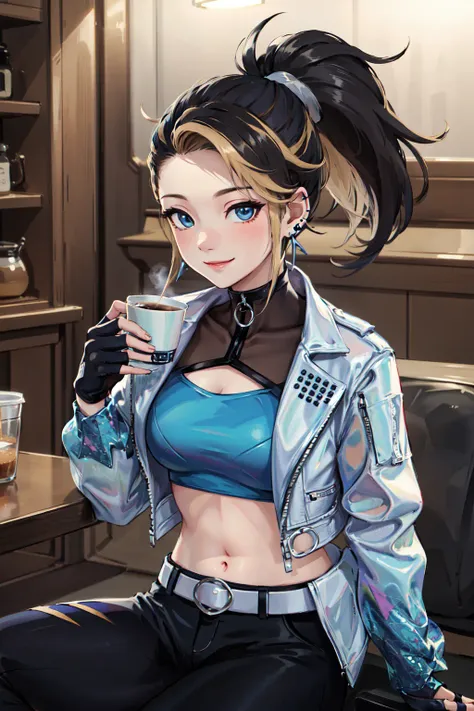 masterpiece, best quality, highres, <lora:kda_all_out_akali_v1:0.6>, akali, 1girl, k/da \(league of legends\), solo, (black hair:1.1), blonde hair, (multicolored hair:1.1), jewelry, fingerless gloves, cropped jacket, midriff, earrings, two-tone hair, open jacket, black gloves, black pants, crop top, blue eyes, belt buckle, ponytail, cowoy shot, sitting, cafe, coffee, smile,