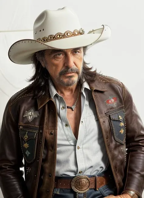 apo1 close up Portrait photo of a man  in a ("The Sharpshooter: Fitted cowboy hat, leather jacket, embroidered shirt, jeans with concho belt, Western boots, rifle holster"),  intricate, (cloth [multicolor]), elegant, sharp focus, photo by greg rutkowski, soft lighting, vibrant colors, masterpiece, ((simple white background)), detailed face <lora:AlPacinoOld:0.85>