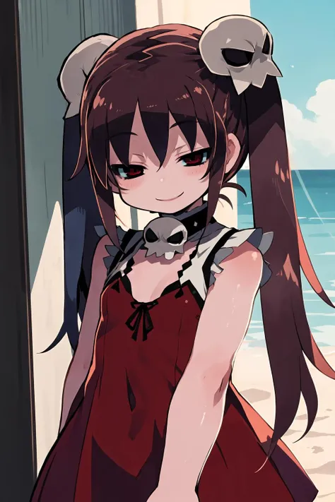 1girl, solo, henrietta (zankuro), skull hair ornament, twintails, red eyes, brown hair, long hair, flat chest, white bikini, upper body, smile, half-closed eyes, looking at viewer, facing viewer, outdoors, (best quality), (detailed), soft shadows, illustration, 4k, <lora:HenriettaV2:1>