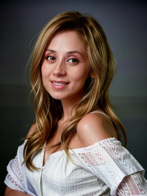 RAW photo portrait of a woman <lora:Lara-Fabian_Xtroat_V1:1>, blond hair, smile, looking at viewer, wearing a white fashion silk dress, highlight, 8K, Masterpiece