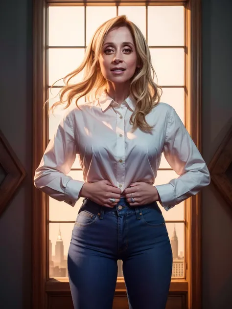 RAW photo portrait of <lora:Lara-Fabian_Xtroat_V2:1> lara_fabian, woman, white shirt, jeans trousers, masterpiece, (RAW photo, 16k, masterpiece, best quality: 1.2), (wide depth of field, radiant mapping: 1.2), High Dynamic Range, vivid, clear shadows and highlights, enhanced contrast, high contrast, cinematic lighting, dramatic atmosphere