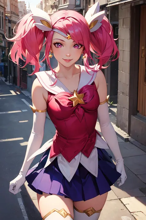 (solo, 1girl), (absurdres, ,highres, official wallpaper, poster), (masterpiece, best quality:1.2), (illustration, realistic), (perfect details, highest detailed, extreme detailed), dramatic light, <lora:starguardianlux:0.9>, starguardianlux, (white thighhighs, elbow gloves, hair ornament, tiara, skirt, star guardian \(league of legends\), ), (heart-shaped pupils, pink hair, twintails, short hair), (street, sunlight, seductive smile, )