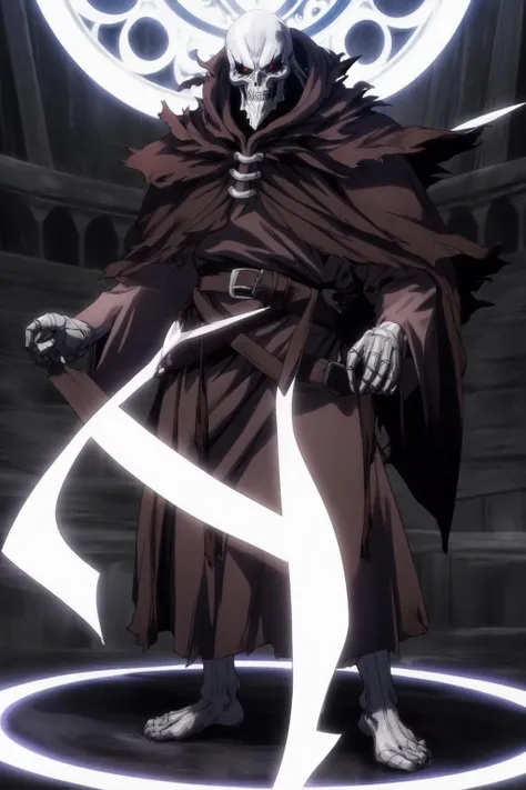 Anime character, a man, medieval era. Young man, 20 years old, large body, cold gaze, white teeth, messy short gray hair, ponytail, left eye patch, black clothes, dark cape with hood, chains. front camera, walking forward in a sea of blood. White lightning in the right hand, black lightning in the left hand. Right eye shining in a white ray. Thunderous lightning