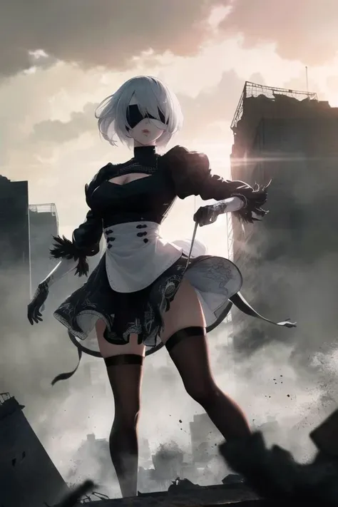((masterpiece, best quality, absurdres, insanely detailed, hyper detailed)), ruined city background, volumetric lighting, halation, dramatic atmosphere
((yorha no. 2 type b, black blindfold, blindfold, black skirt)), dynamic pose
<lora:2b_V1:0.8>