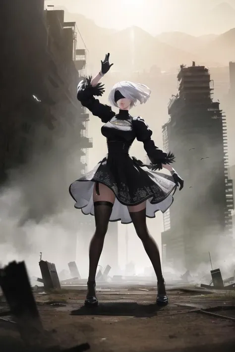 ((masterpiece, best quality, absurdres, insanely detailed, hyper detailed)), ruined city background, volumetric lighting, halation, dramatic atmosphere
((yorha no. 2 type b, black blindfold, blindfold, black skirt)), dancing
<lora:2b_V1:0.8>