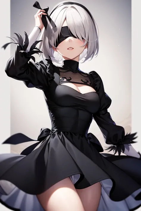 masterpiece, best_quality, 1girl, solo, yorha no. 2 type b, black blindfold, blindfold, skirt, black skirt,