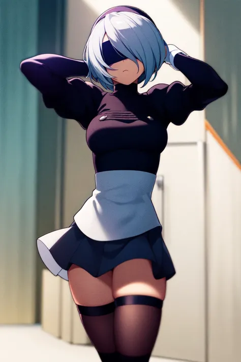 masterpiece, best_quality, 1girl, solo, yorha no. 2 type b, black blindfold, blindfold, thighhighs, black skirt, metata