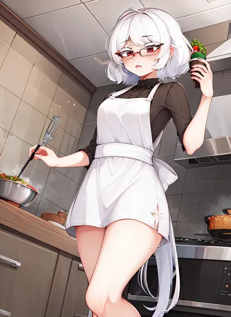 ((best quality)), ((highly detailed)), masterpiece, absurdres, (detailed eyes, deep eyes), (1girl), (glasses), from below, pantyshot, upper body, albino, white hair, short hair, red eyes, <lora:colored_eyelashes:1>, COLORED EYELASHES, white eyelashes, very pale skin, <lora:skinnyv2:1>, skinny, (long legs), long arms, (indoors, in a kitchen, apron, cooking food), <lora:peach:.9>